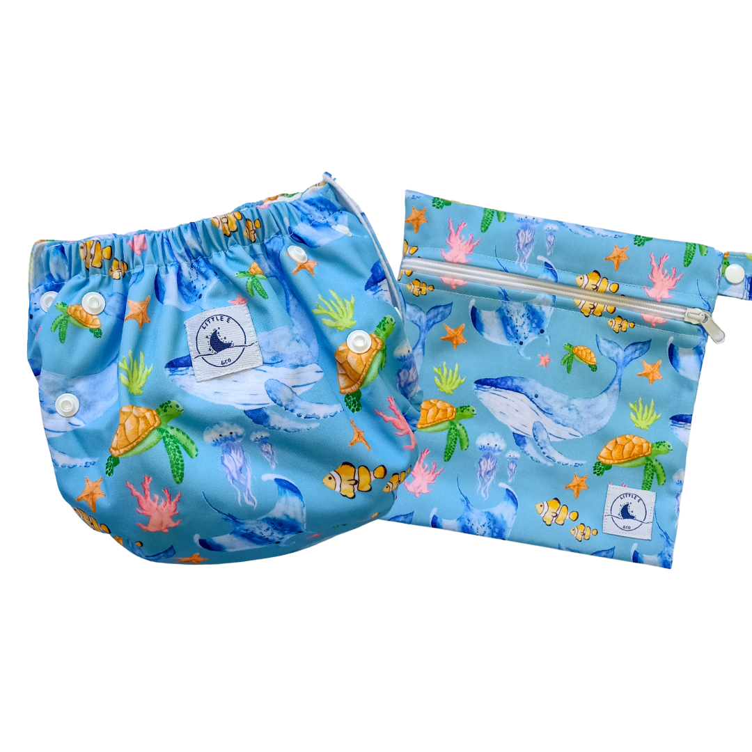 Little E & Co - Reusable Swim Nappy & Mini Wet Bag | Ocean