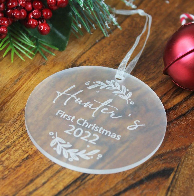 Meridian Etch -Frosted Personalised First Christmas Ornament