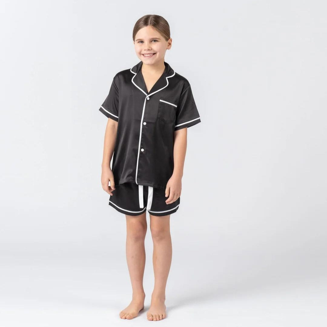 Midnight Mischief - Baby & Kids Luxe Satin Personalised Short Sleeve Pyjama Set | Black & White