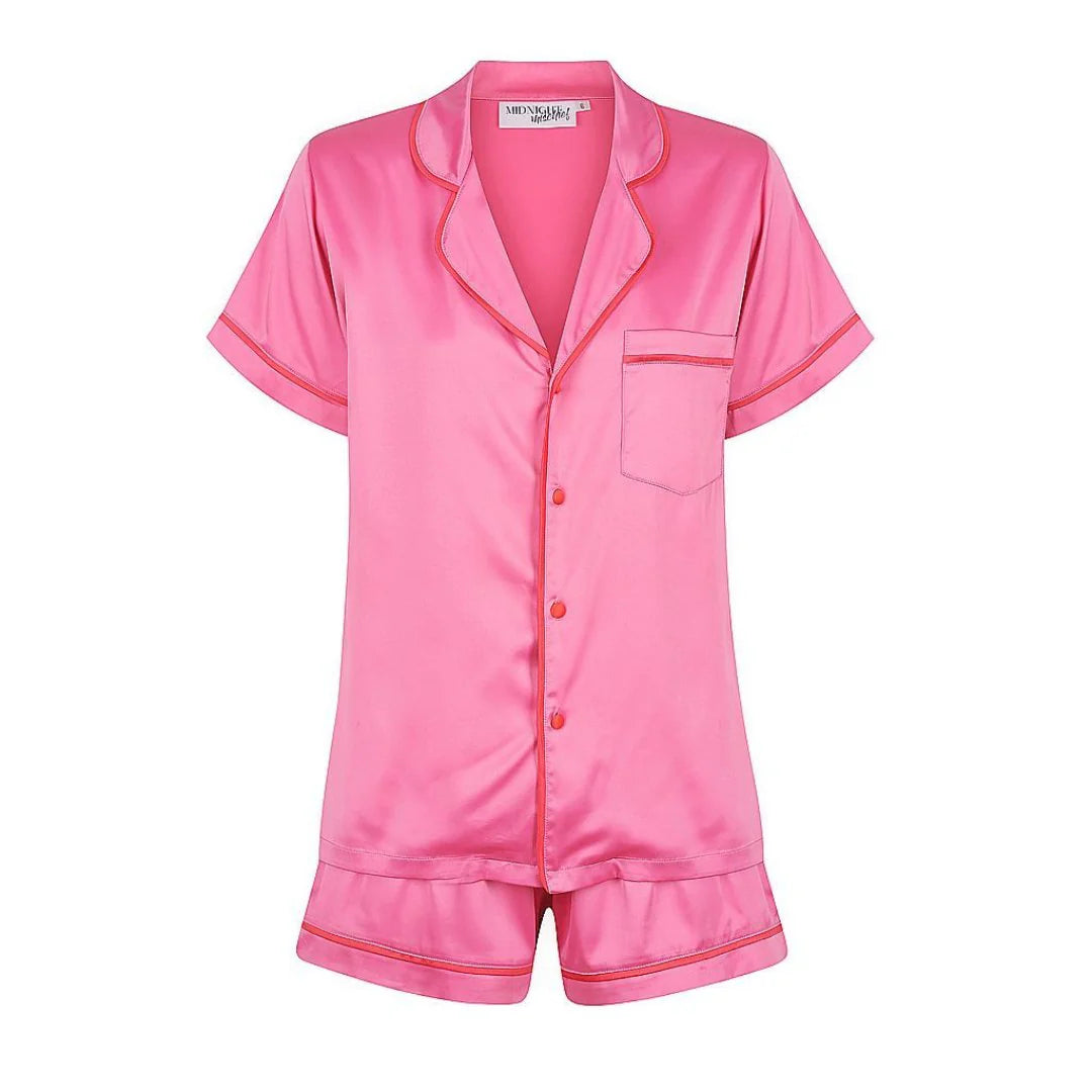 Midnight Mischief - Baby & Kids Luxe Satin Personalised Short Sleeve Pyjama Set | Hot Pink & Red