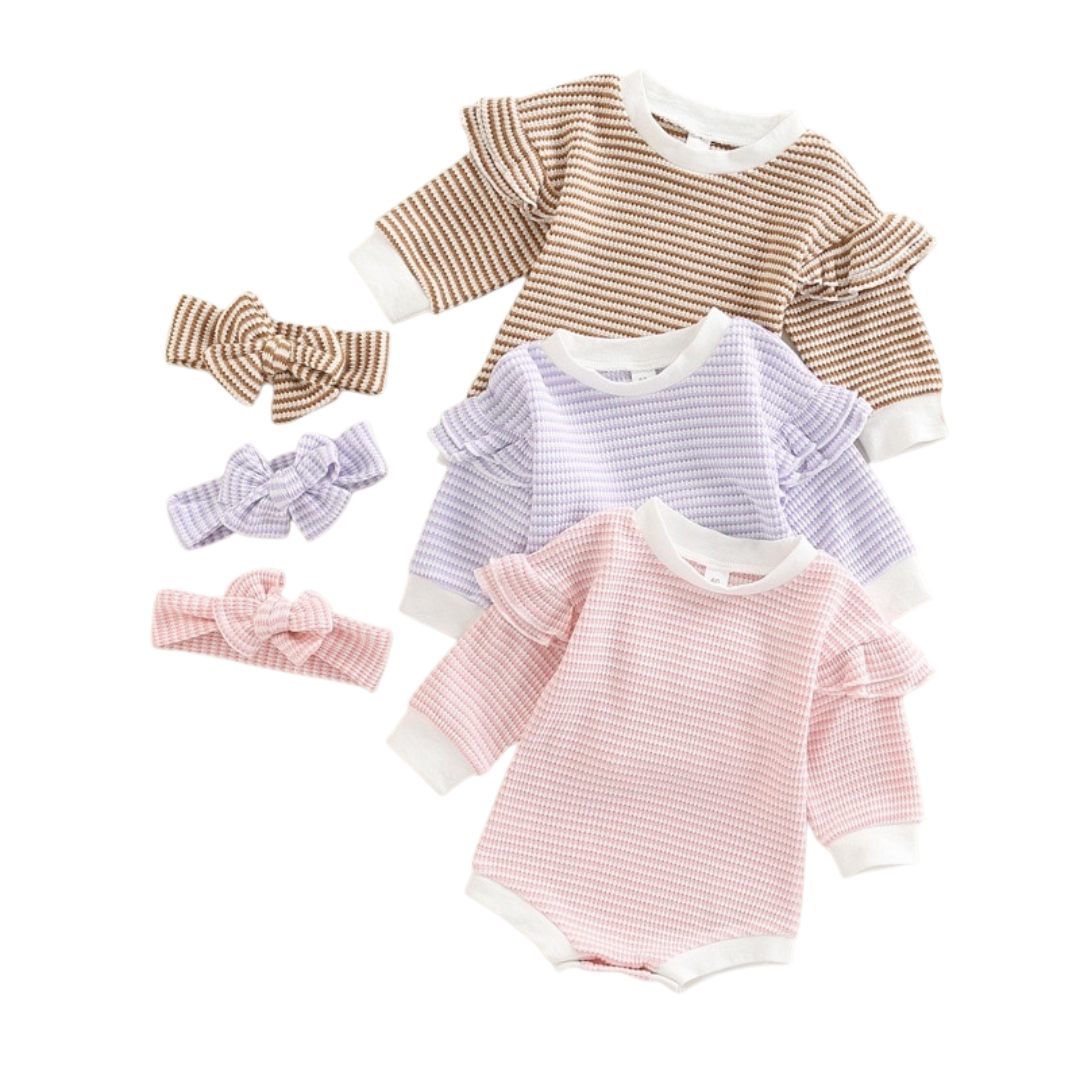 Striped Flutter Bodysuit & Matching Headband | Pink